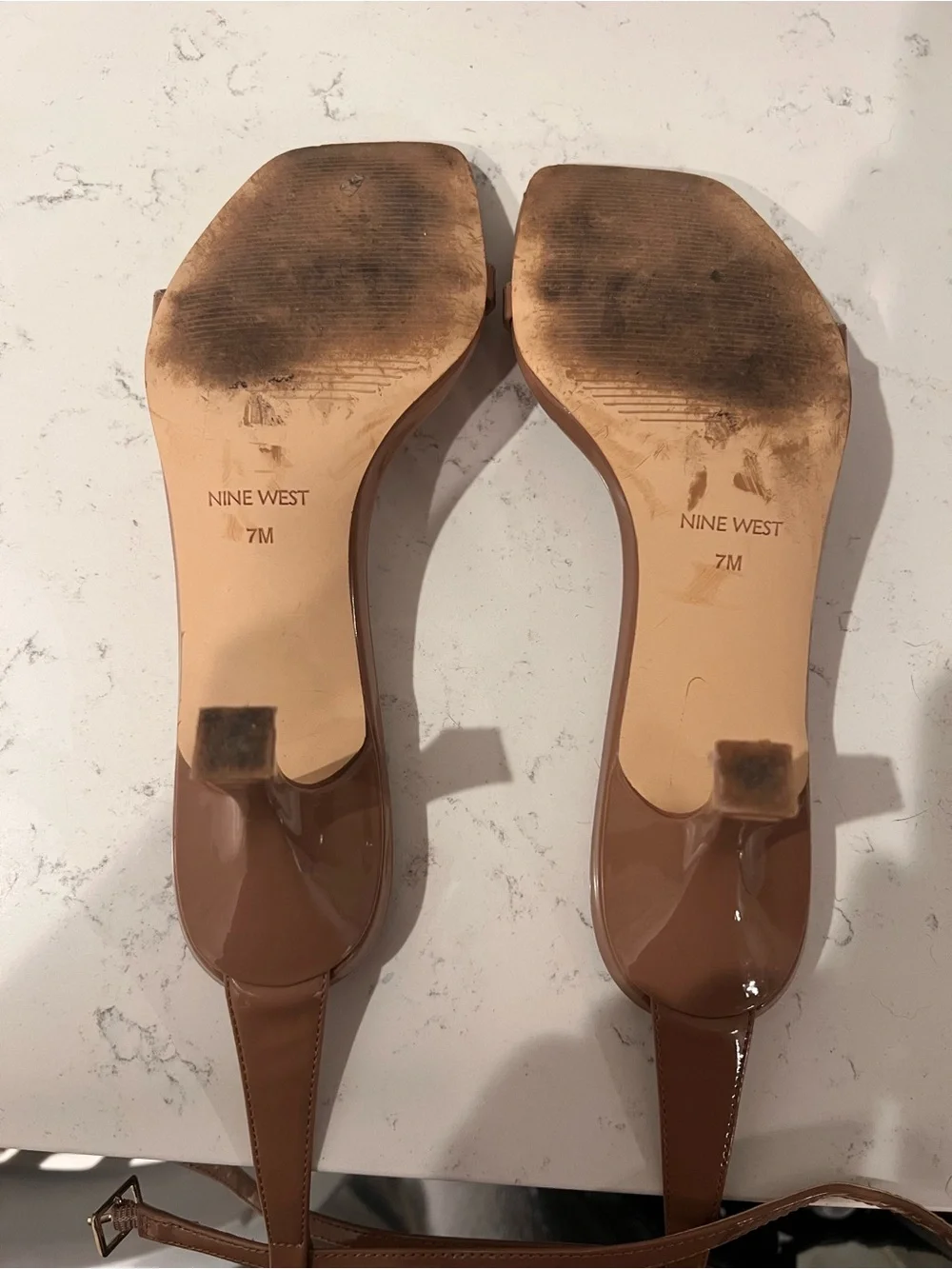 Nine West Tan Leather Square-Toe Slingback Heels